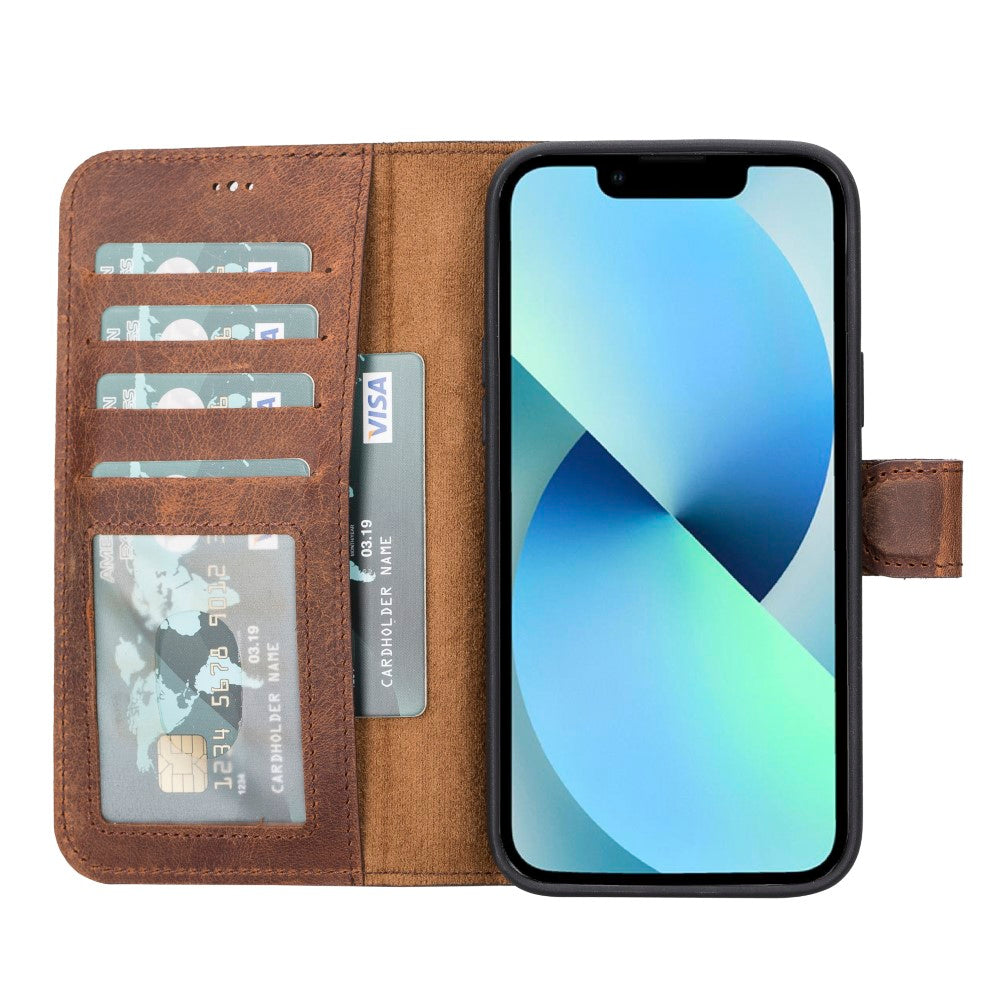 Apple iPhone 14 Plus Uyumlu Deri Cüzdanlı Kılıf MWWN G2 Kahve