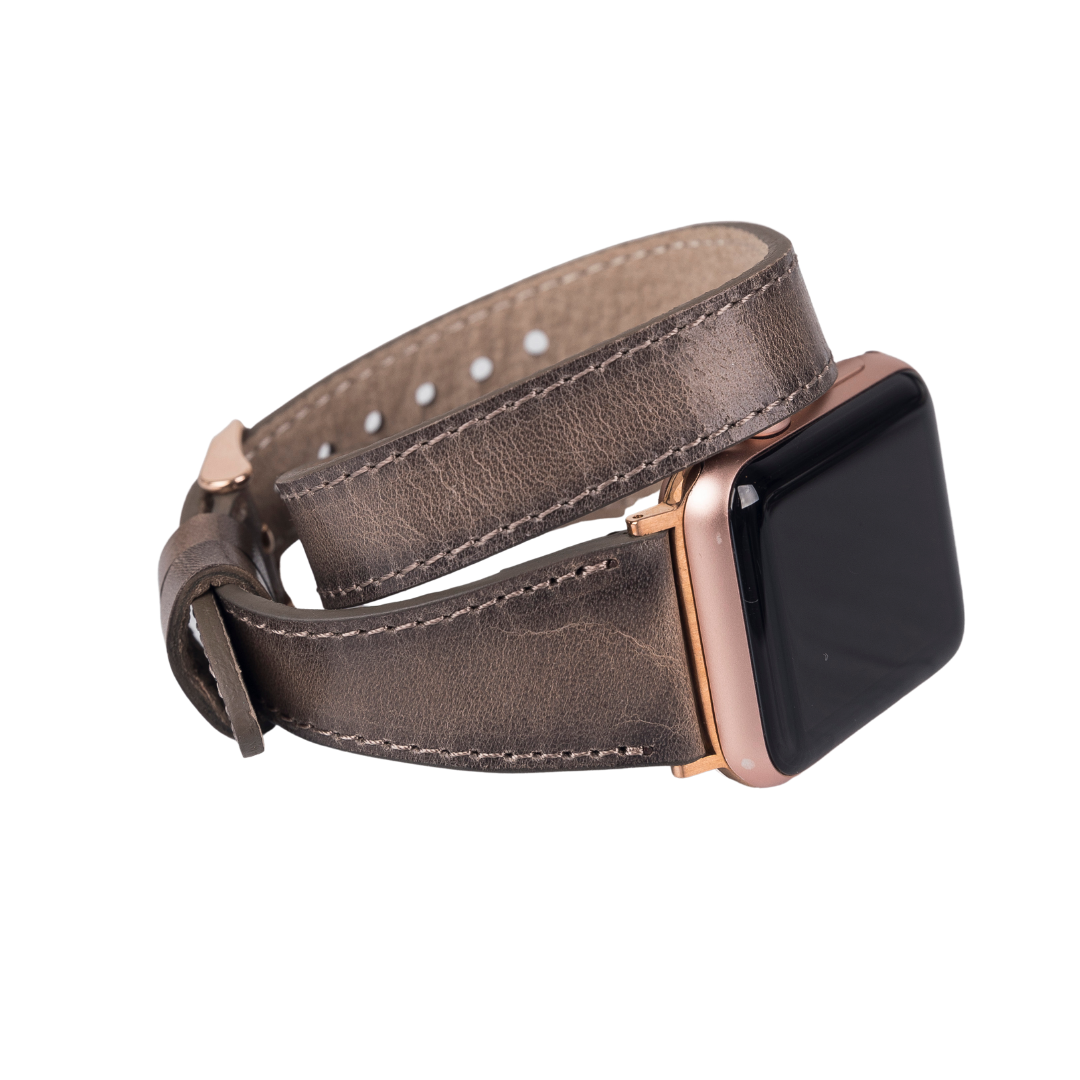 Apple Watch Uyumlu Deri Kordon, Çift Tur, Efektli Gri