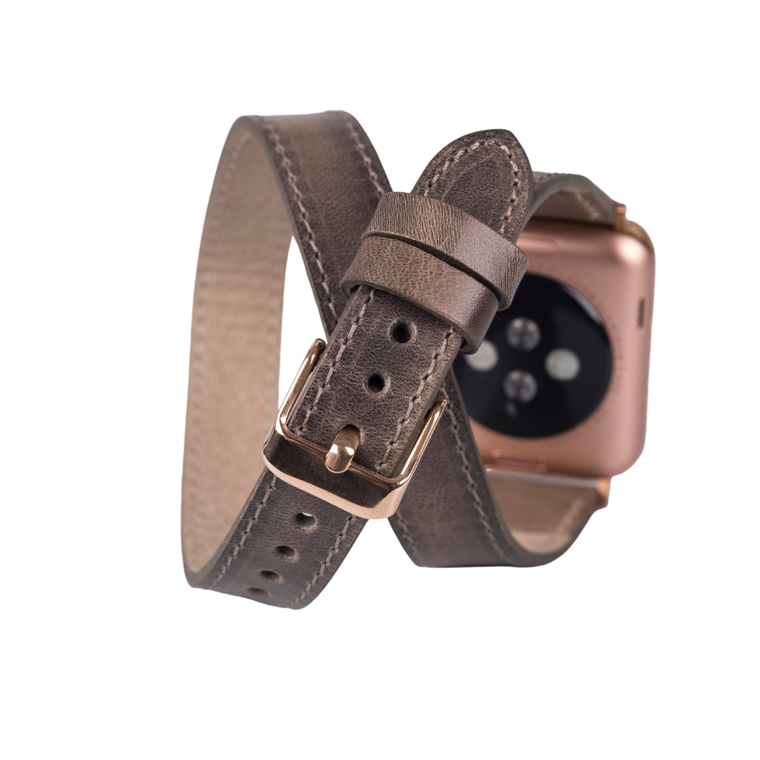 Apple Watch Uyumlu Deri Kordon, Çift Tur, Efektli Gri