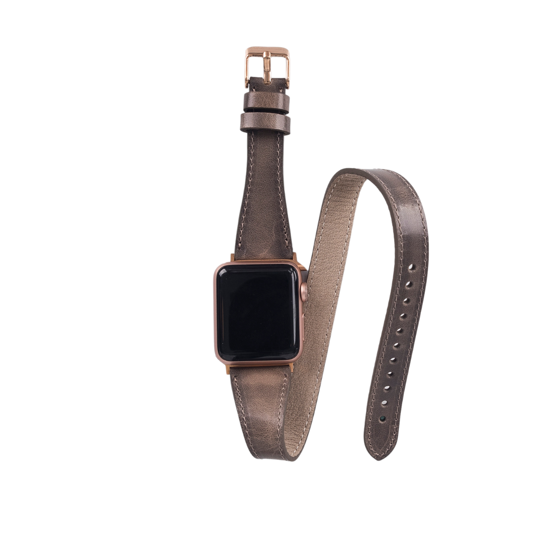 Apple Watch Uyumlu Deri Kordon, Çift Tur, Efektli Gri