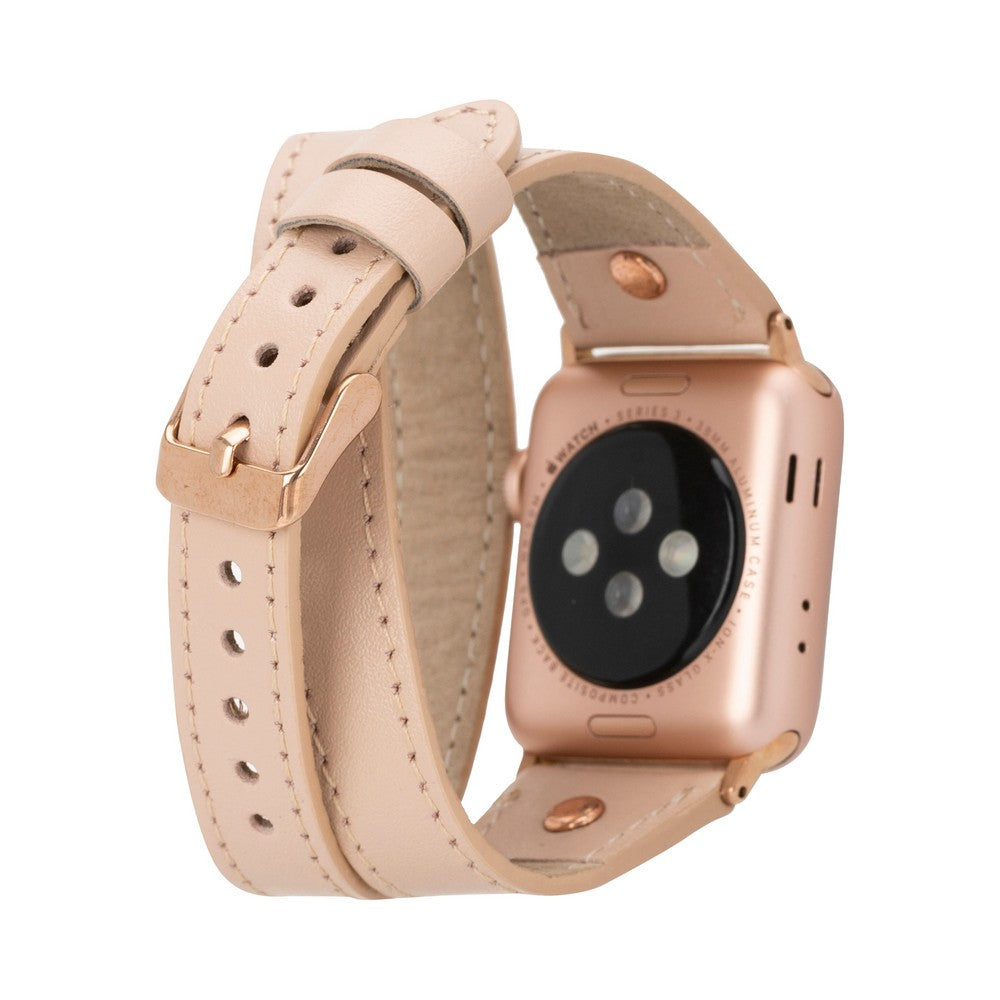 Apple Watch Uyumlu Deri Kordon, Çift Tur, Trok Detaylı, Pudra