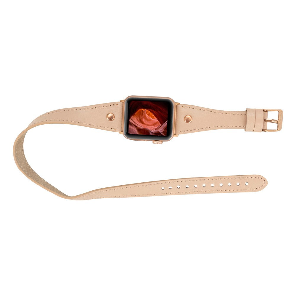 Apple Watch Uyumlu Deri Kordon, Çift Tur, Trok Detaylı, Pudra