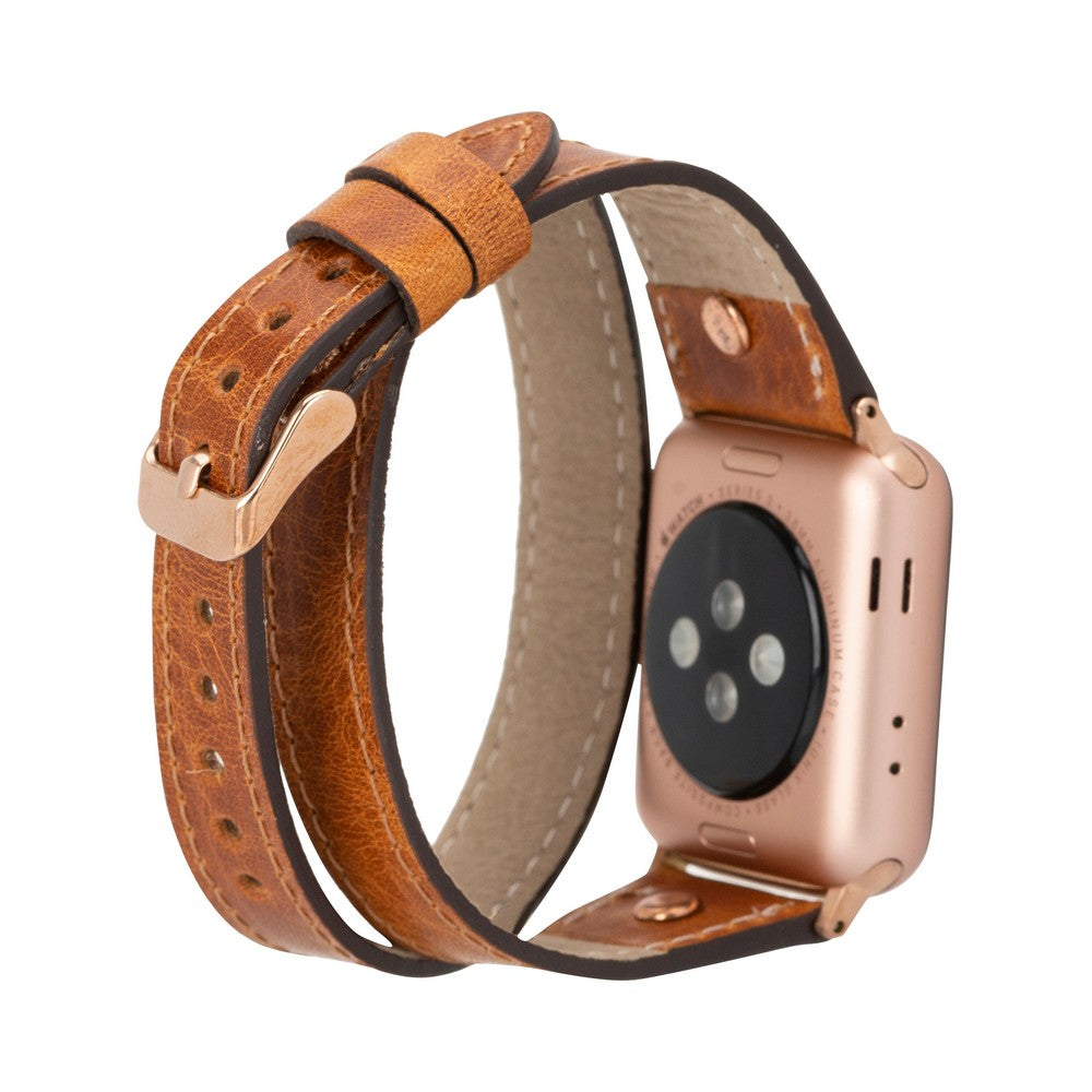 Apple Watch Uyumlu Deri Kordon, Çift Tur, Trok Detaylı, Antik Taba