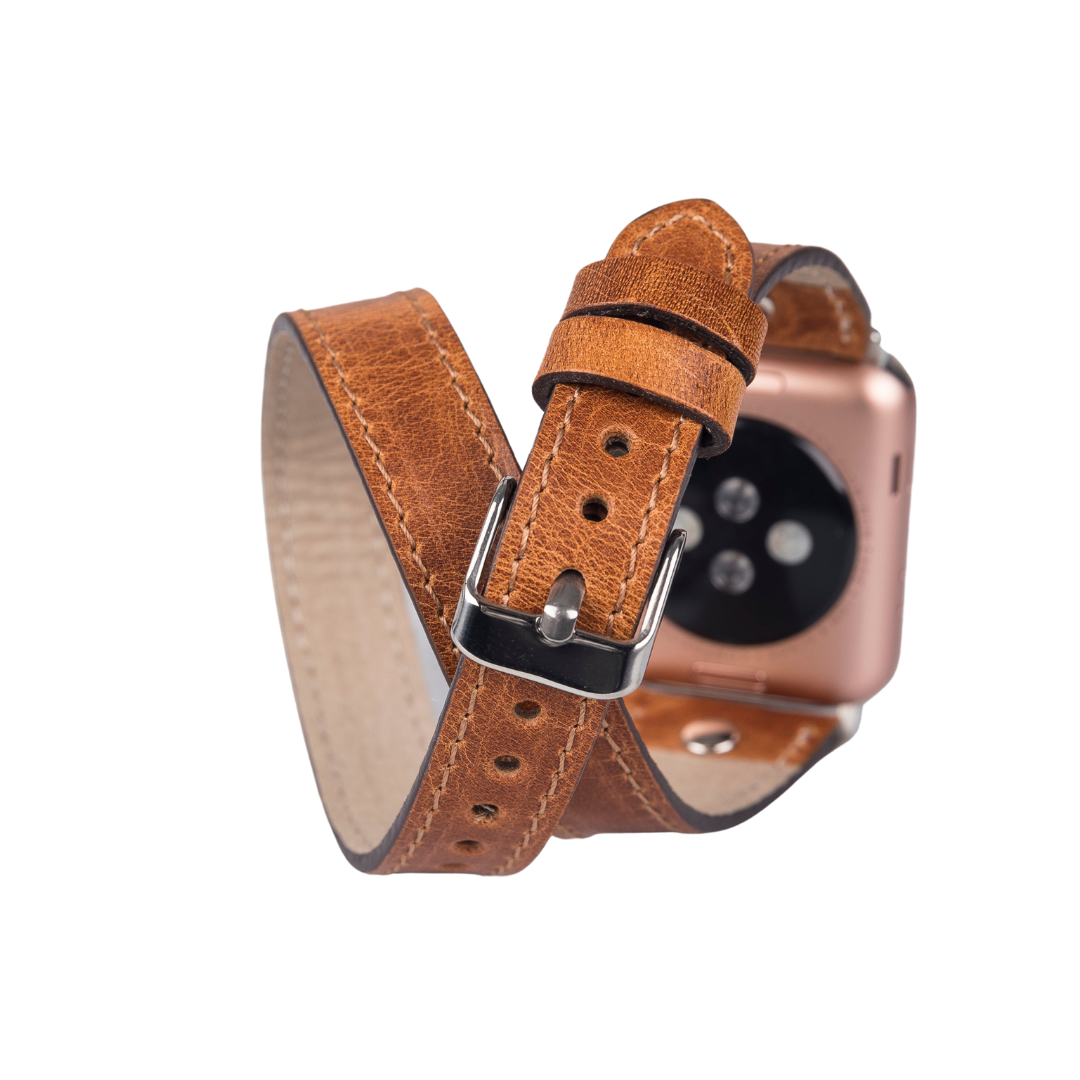 Apple Watch Uyumlu Deri Kordon, Çift Tur, Trok Detaylı, Antik Taba