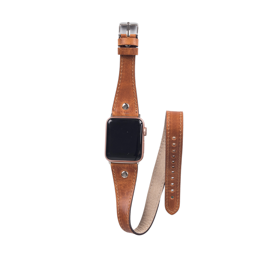 Apple Watch Uyumlu Deri Kordon, Çift Tur, Trok Detaylı, Antik Taba