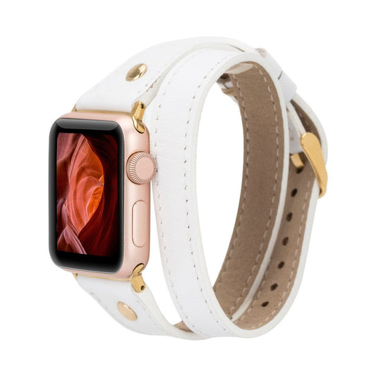 Apple Watch Uyumlu Deri Kordon, Çift Tur, Trok Detaylı, Beyaz