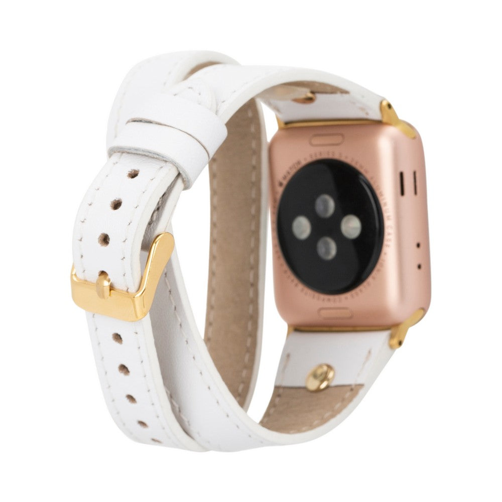 Apple Watch Uyumlu Deri Kordon, Çift Tur, Trok Detaylı, Beyaz