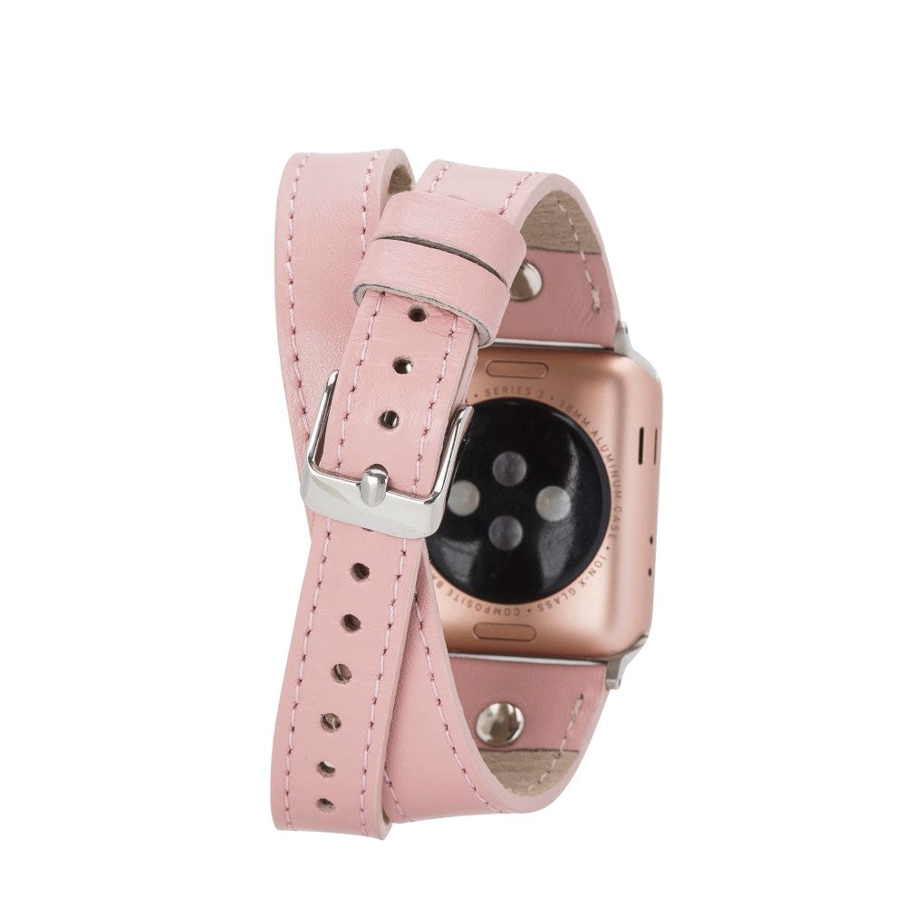 Apple Watch Uyumlu Deri Kordon, Çift Tur, Trok Detaylı, Şeker Pembe