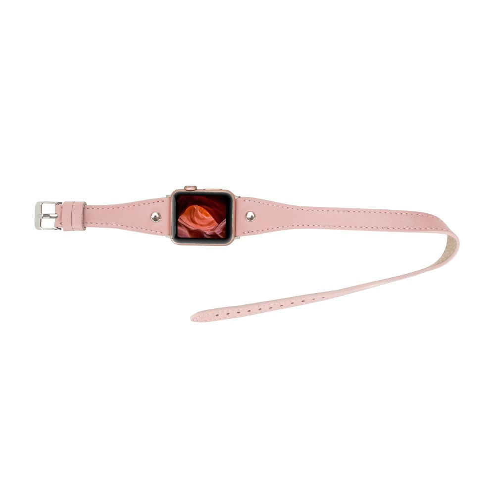Apple Watch Uyumlu Deri Kordon, Çift Tur, Trok Detaylı, Şeker Pembe