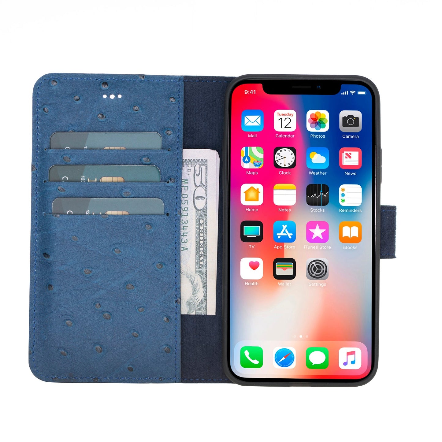 Apple iPhone X-XS Compatible Leather Wallet Case DE8 Blue