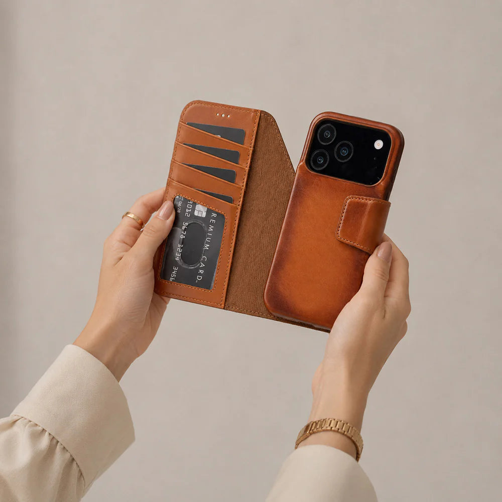 iPhone 17 Pro Max Uyumlu Hakiki Deri Cüzdanlı Kılıf - Elit