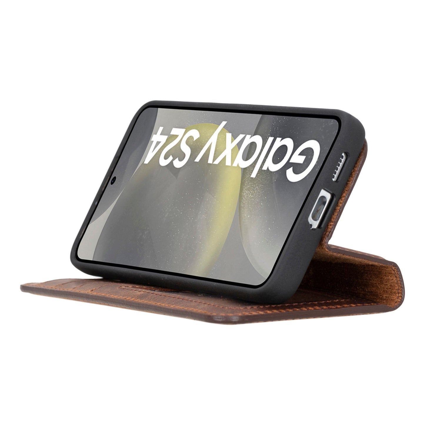 Samsung Galaxy S24 Uyumlu, Deri Cüzdanlı Kılıf, Antik Kahverengi - Magic