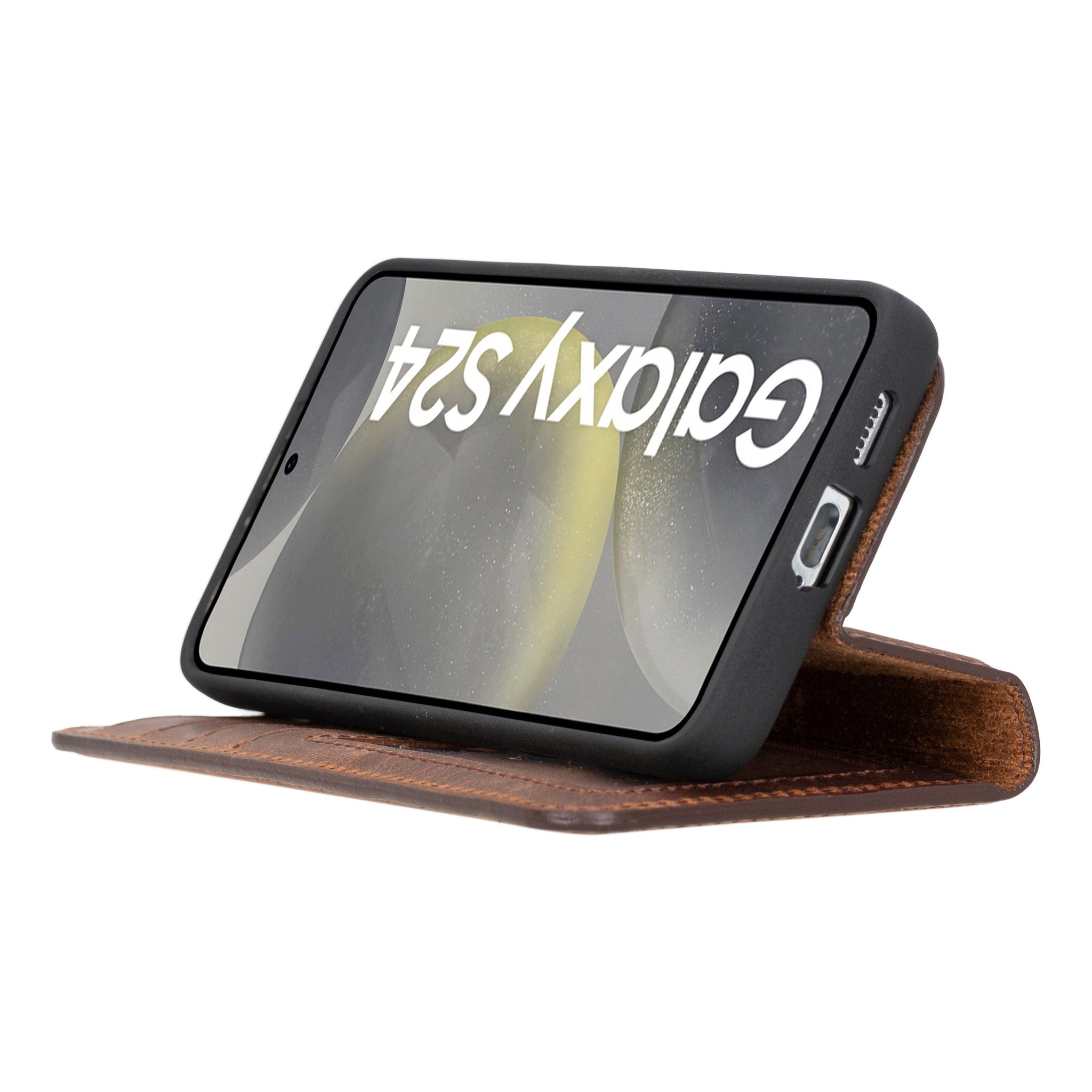 Samsung Galaxy S24 Uyumlu, Deri Cüzdanlı Kılıf, Antik Kahverengi - Magic