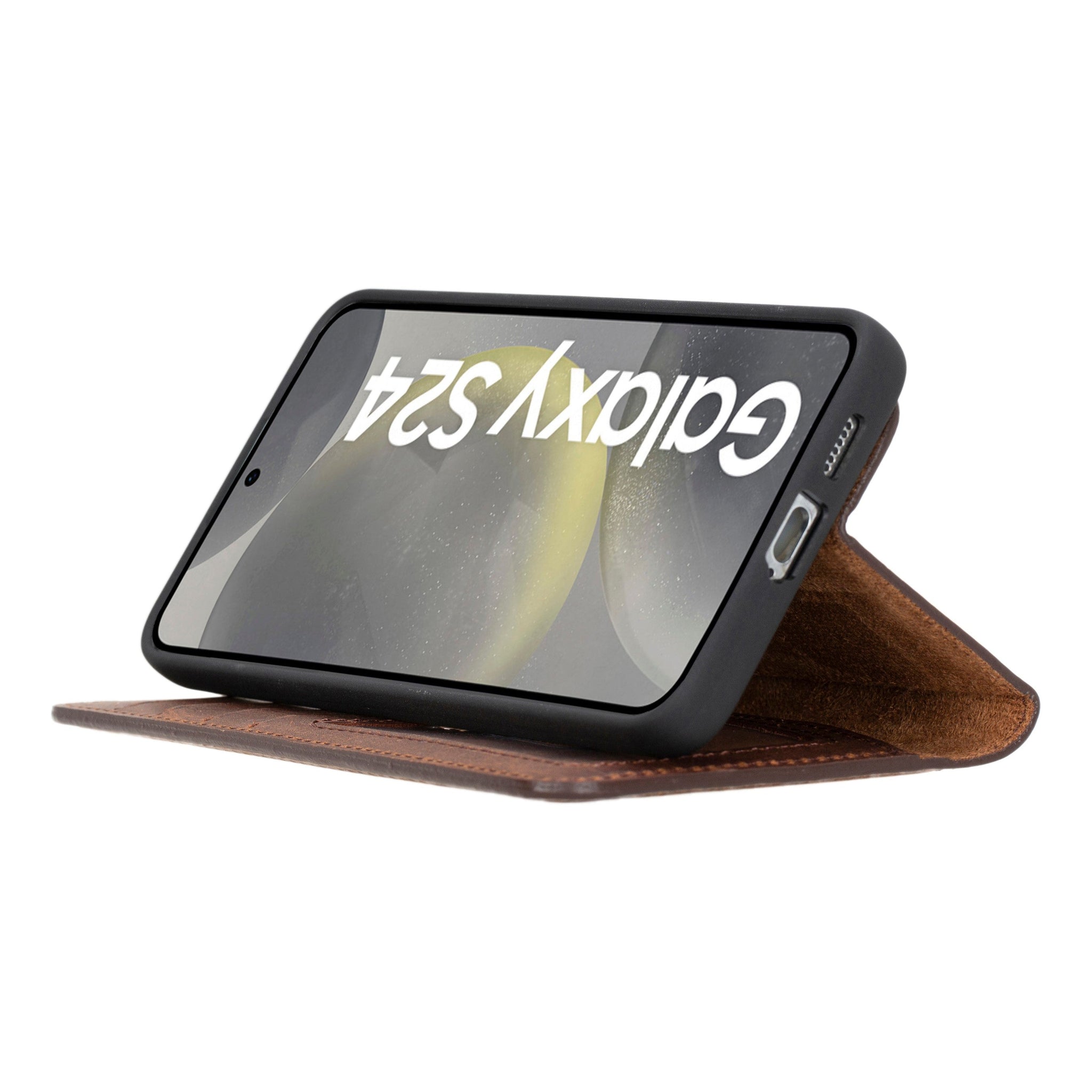 Samsung Galaxy S24 Plus Uyumlu, Deri Cüzdanlı Kılıf, Antik Kahverengi - Magic