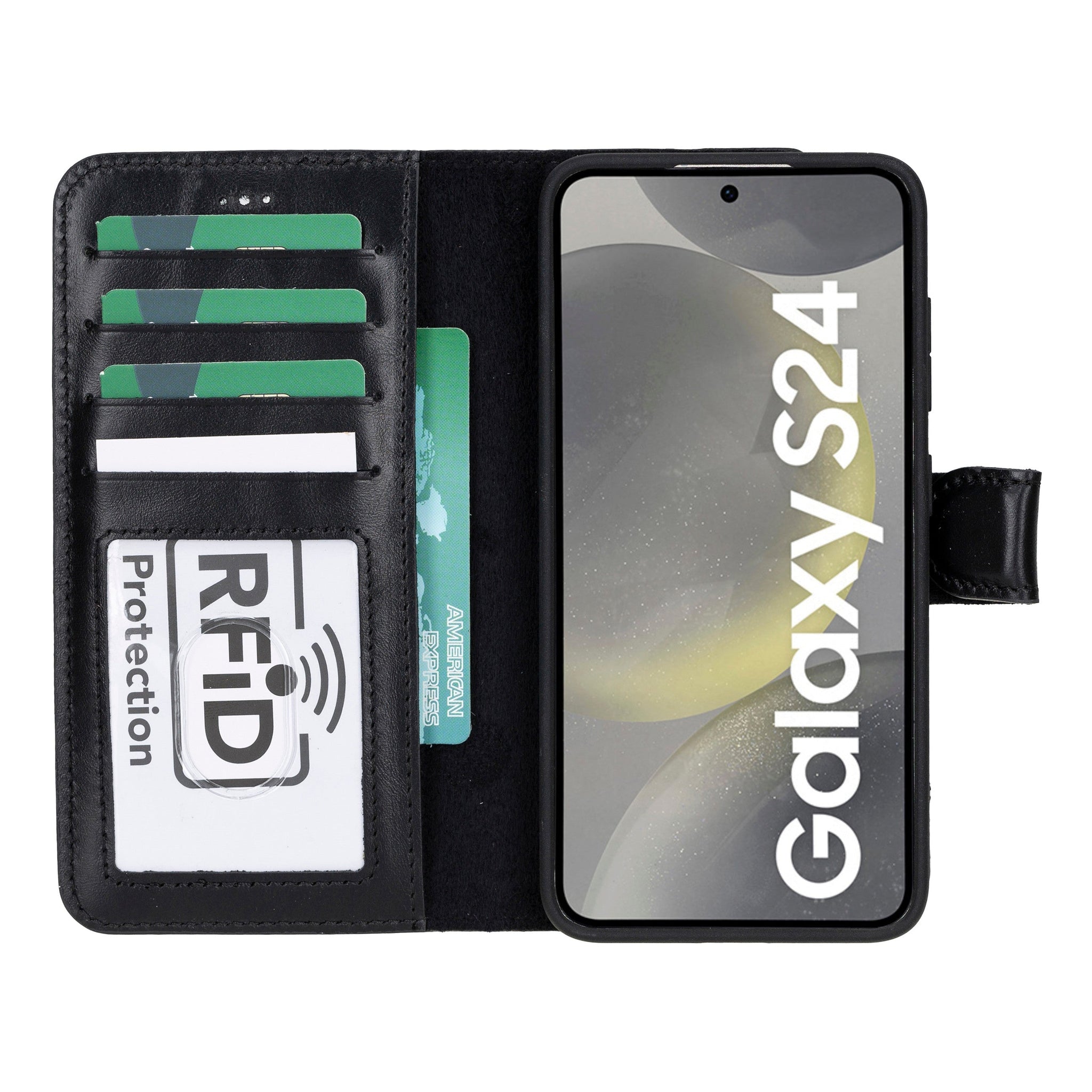 Samsung Galaxy S24 Uyumlu, Deri Cüzdanlı Kılıf, Rustik Siyah - Magic