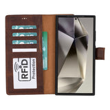 Samsung Galaxy S24 Ultra Uyumlu, Deri Cüzdanlı Kılıf, Antik Kahverengi - Magic