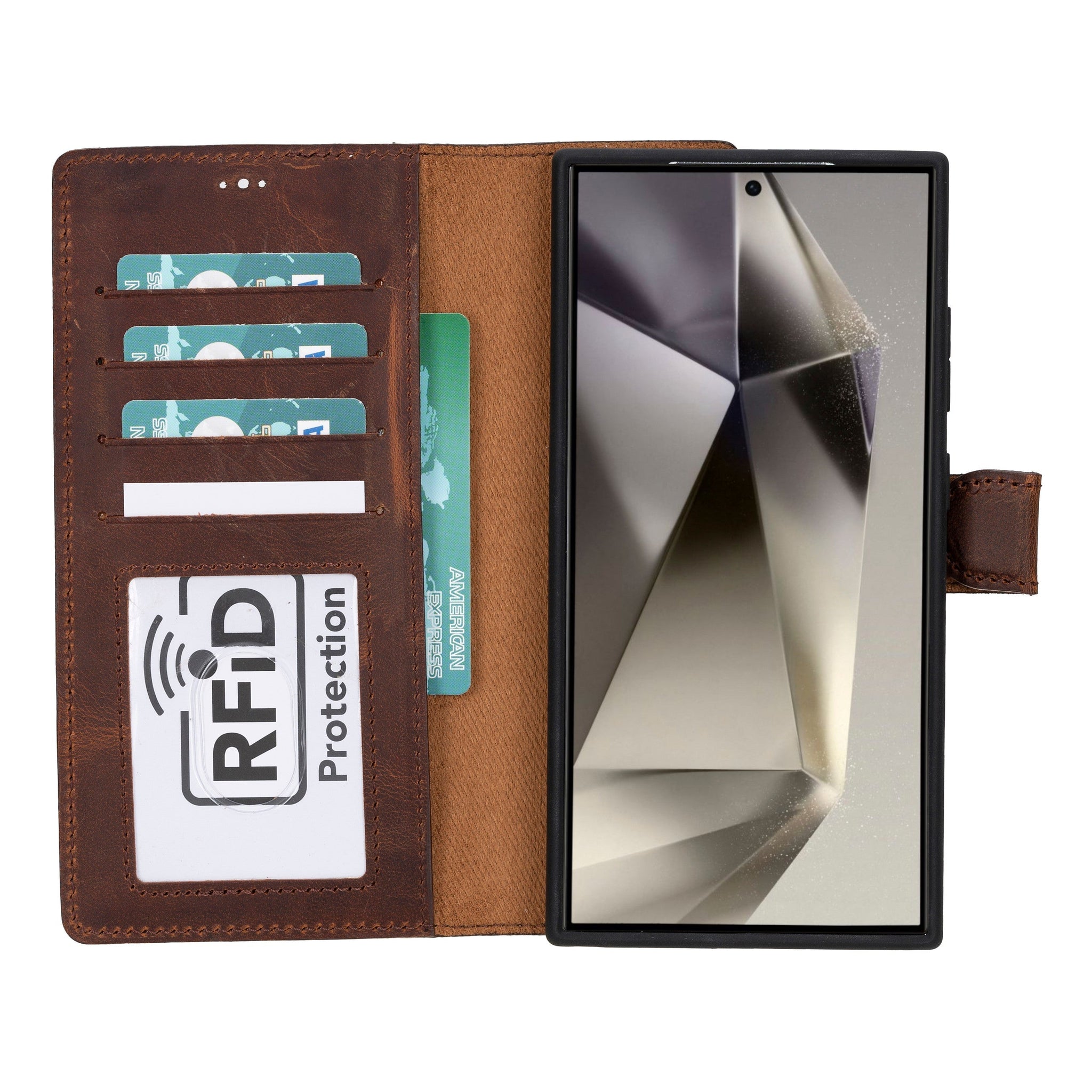 Samsung Galaxy S24 Ultra Uyumlu, Deri Cüzdanlı Kılıf, Antik Kahverengi - Magic