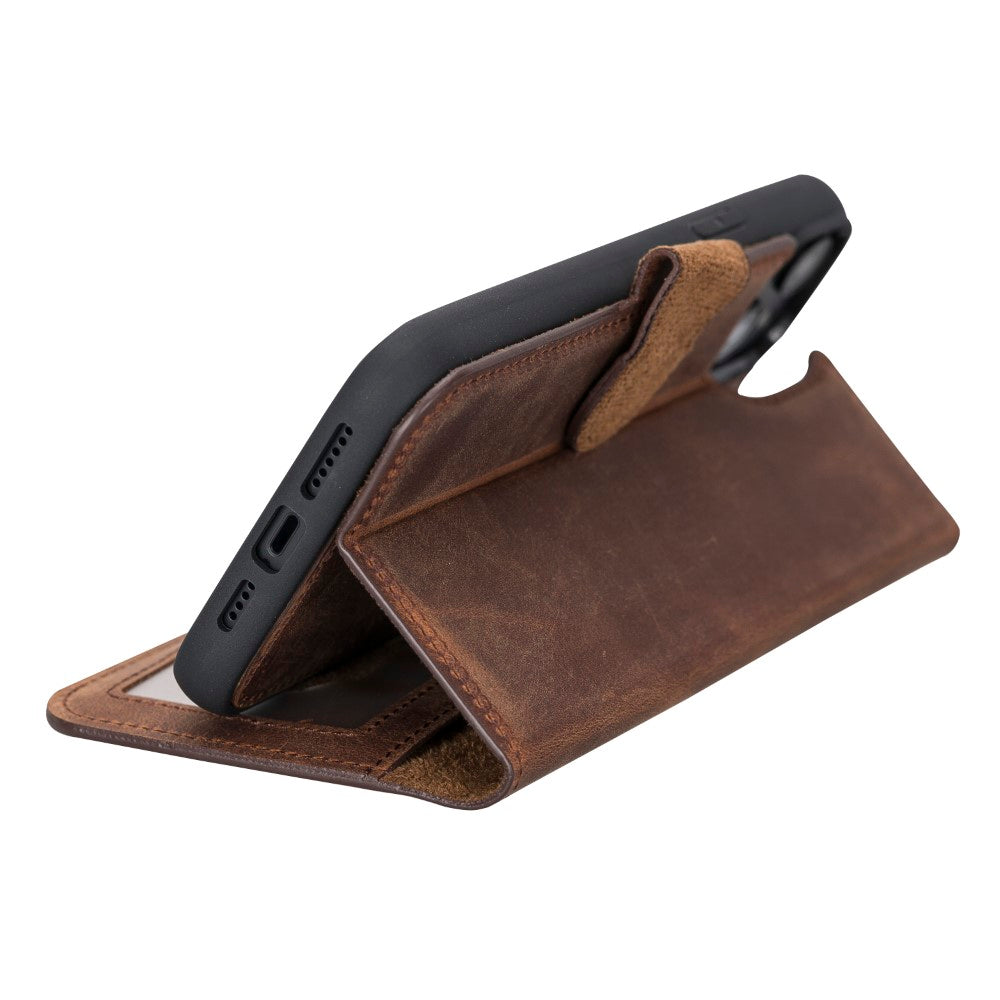 Apple iPhone 14 Plus Uyumlu Deri Cüzdanlı Kılıf MWWN G2 Kahve