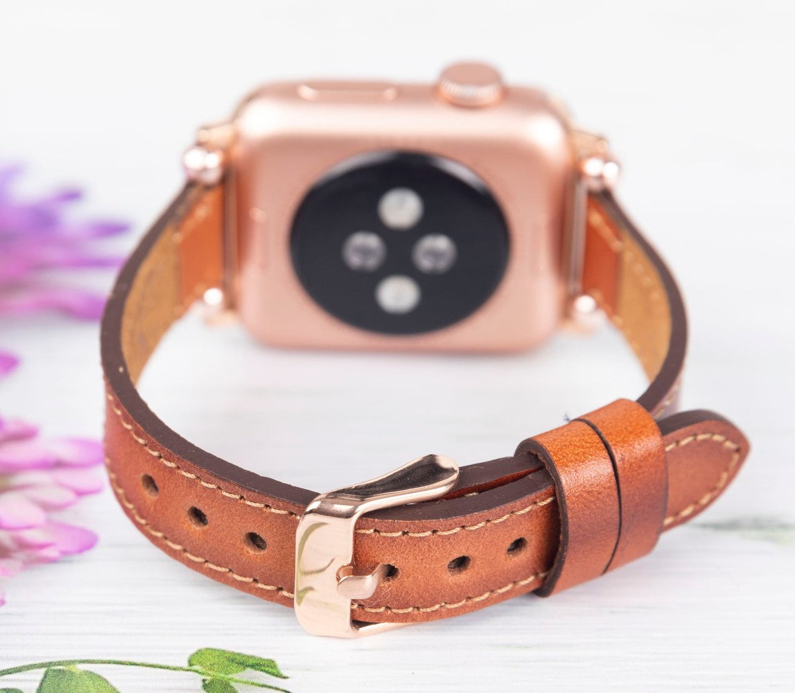 Apple Watch Uyumlu Deri Kordon, İnce Ve Boncuklu,Taba