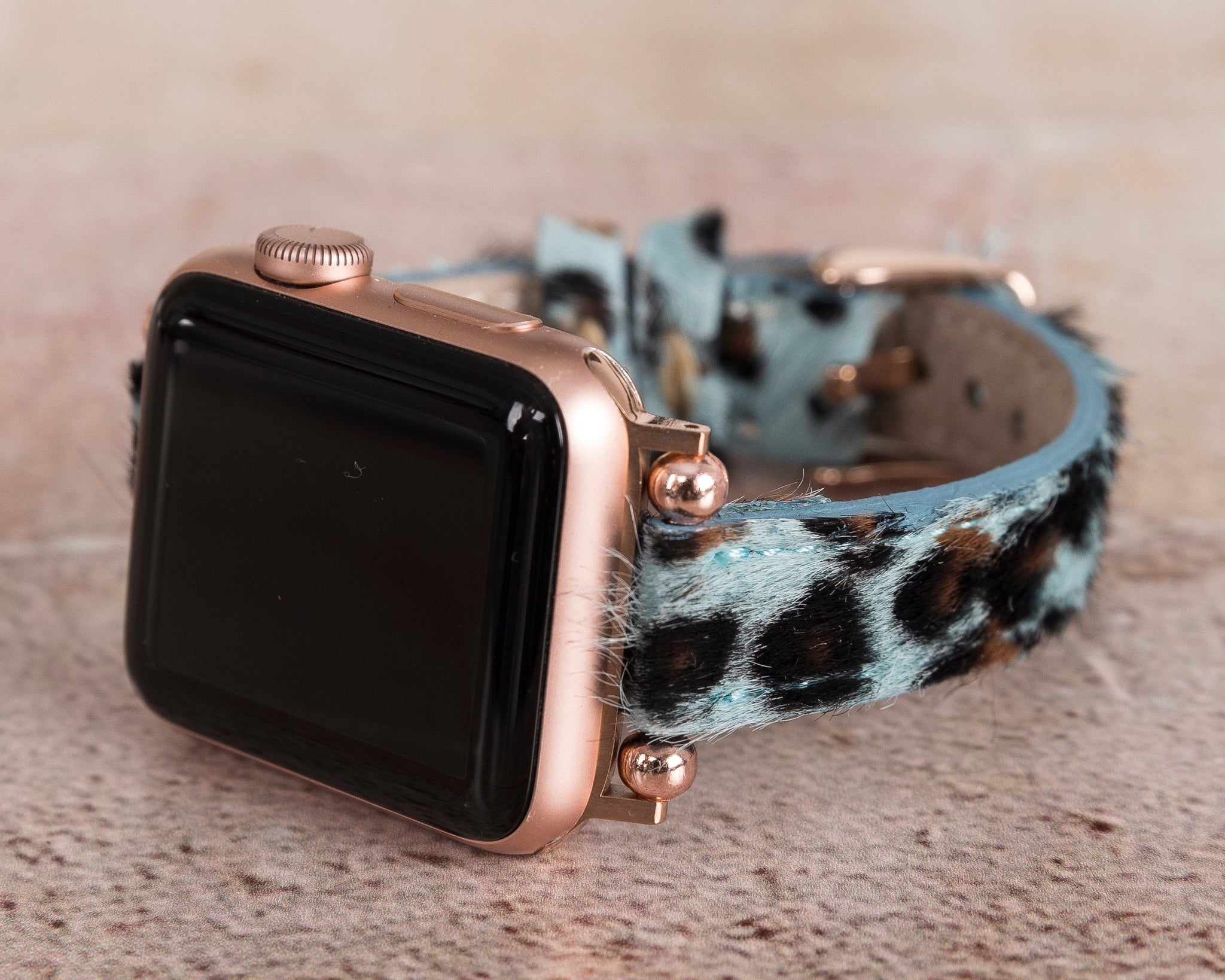 Apple Watch Uyumlu Deri Kordon, İnce Ve Boncuklu, Leopar Desen