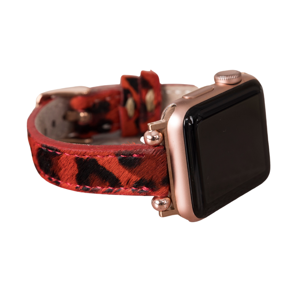 Apple Watch Uyumlu Deri Kordon, İnce Ve Boncuklu, Leopar Desen