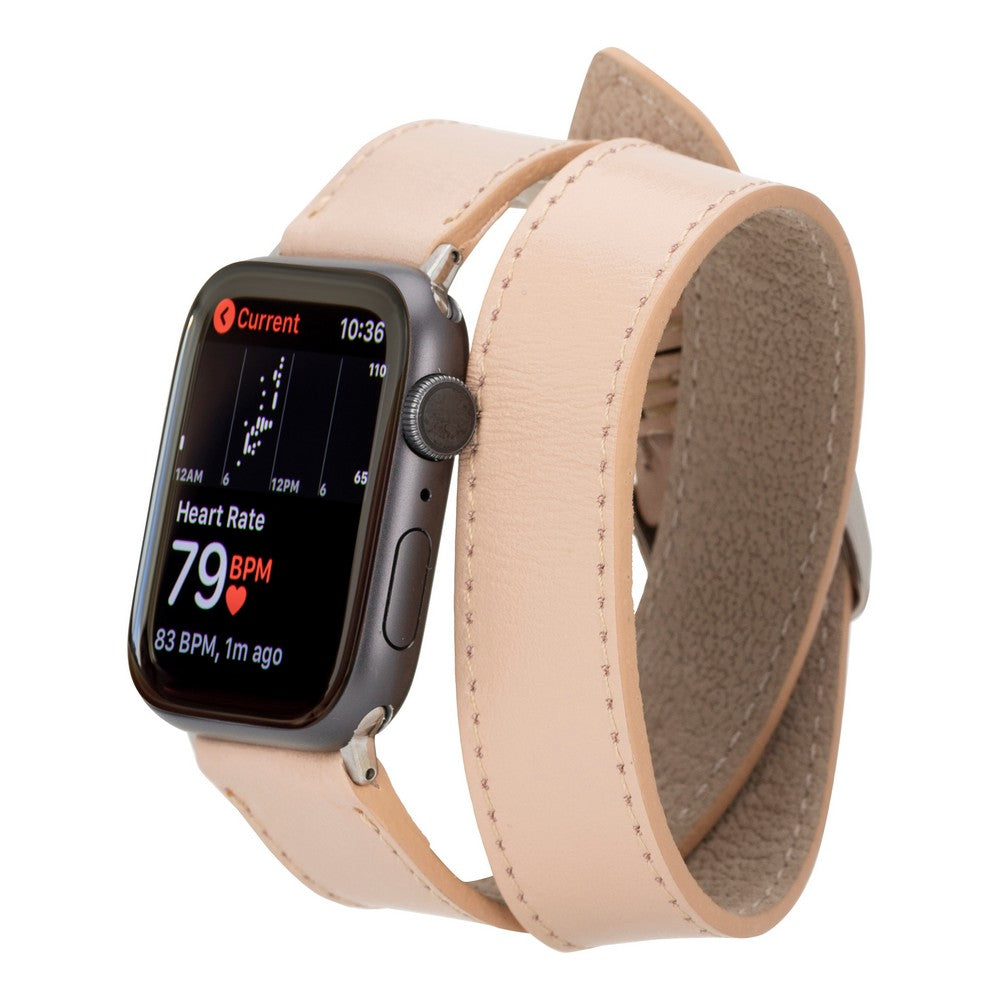 Apple Watch Uyumlu Deri Kordon, Çift Tur, Şeker Pembe