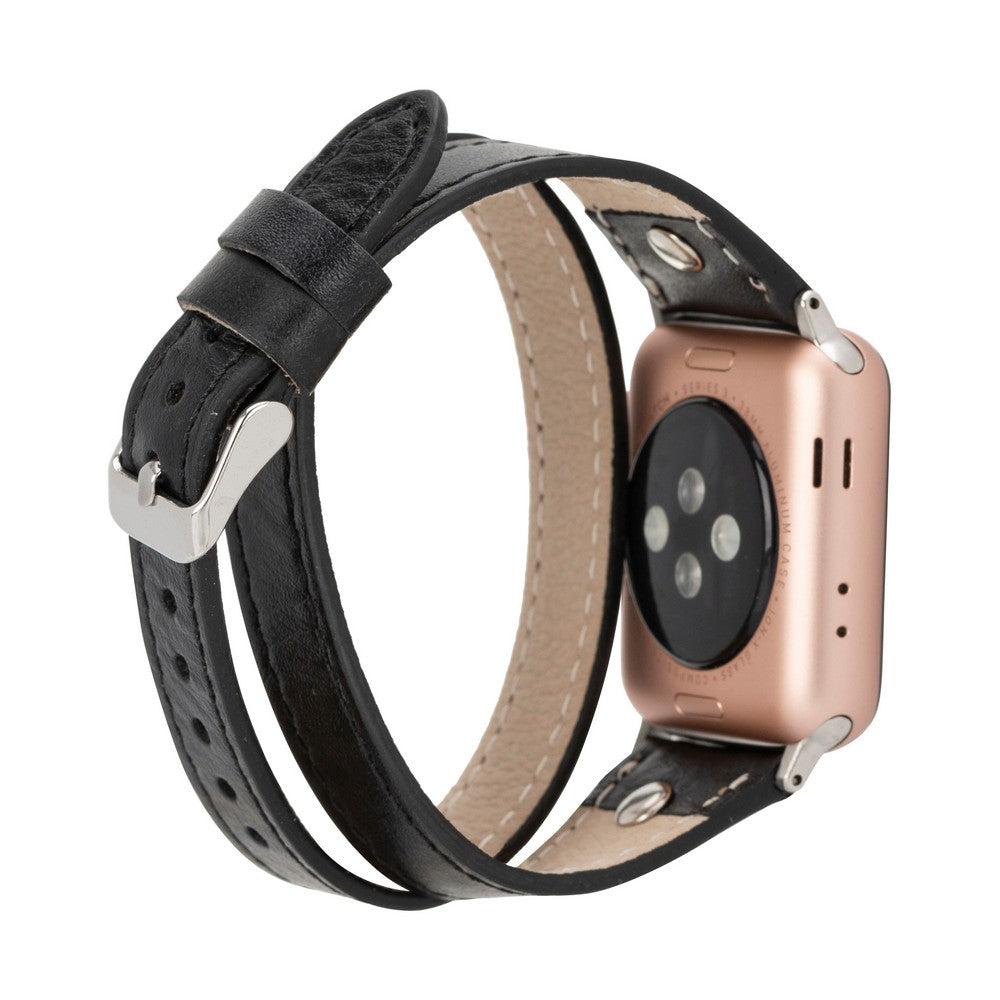 Apple Watch Uyumlu Deri Kordon, Çift Tur, Trok Detaylı, Siyah