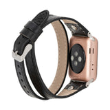 Apple Watch Uyumlu Deri Kordon, Çift Tur, Trok Detaylı, Siyah