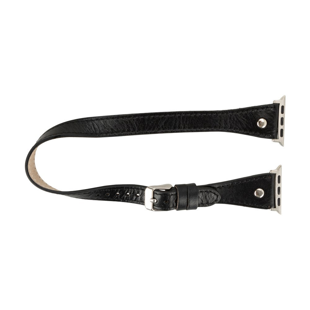 Apple Watch Uyumlu Deri Kordon, Çift Tur, Trok Detaylı, Siyah