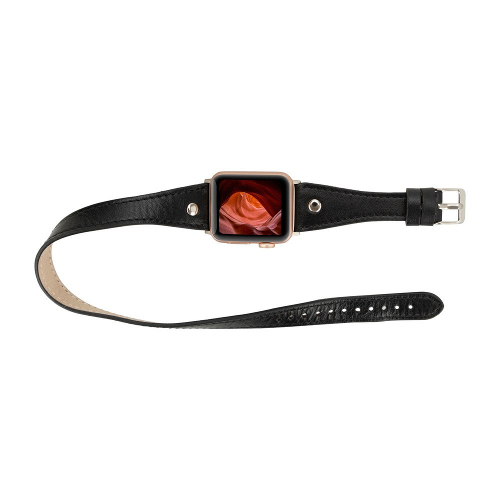 Apple Watch Uyumlu Deri Kordon, Çift Tur, Trok Detaylı, Siyah