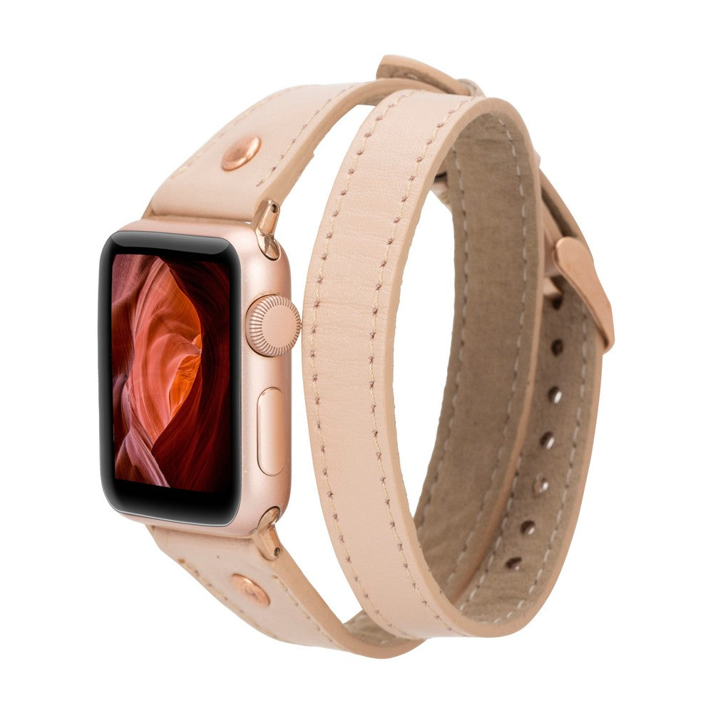 Apple Watch Uyumlu Deri Kordon, Çift Tur, Trok Detaylı, Pudra