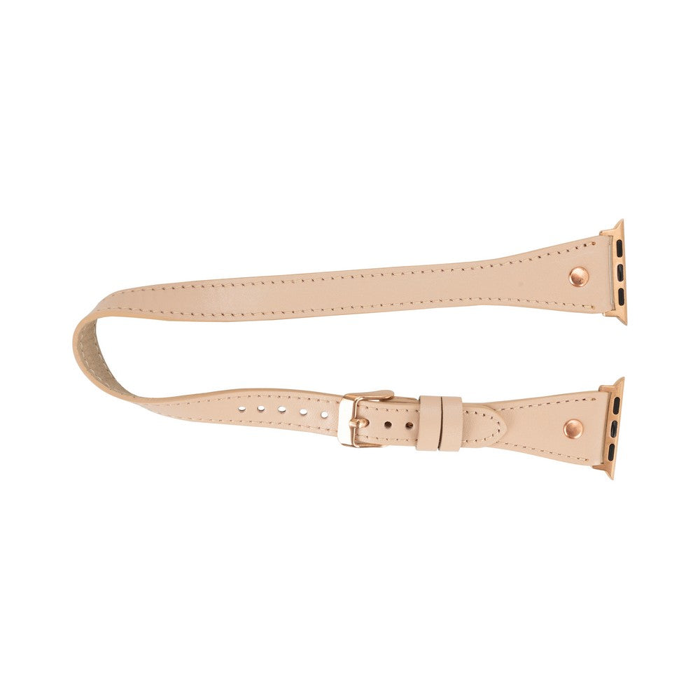 Apple Watch Uyumlu Deri Kordon, Çift Tur, Trok Detaylı, Pudra
