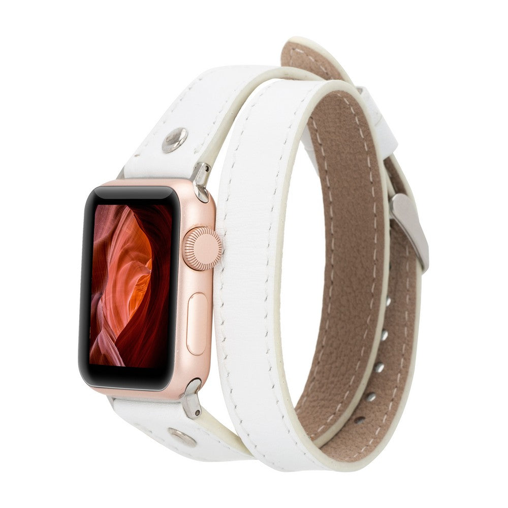 Apple Watch Uyumlu Deri Kordon, Çift Tur, Trok Detaylı, Beyaz