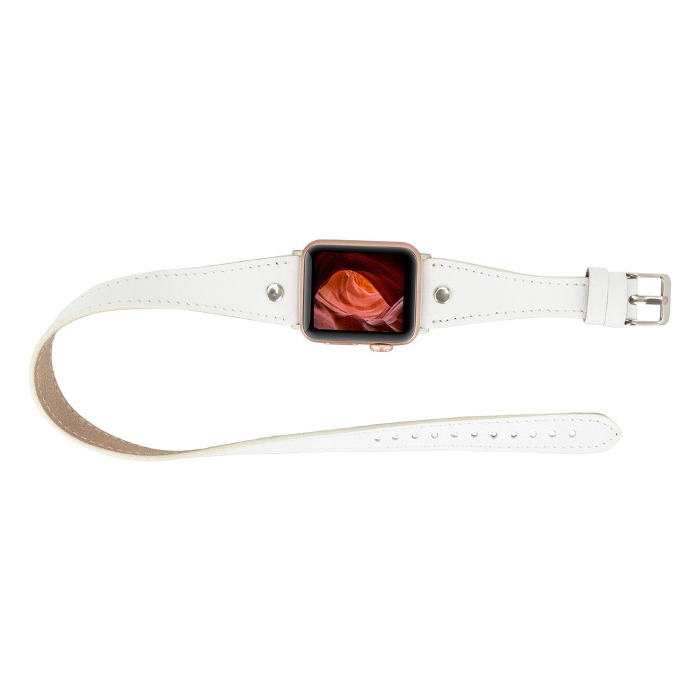 Apple Watch Uyumlu Deri Kordon, Çift Tur, Trok Detaylı, Beyaz