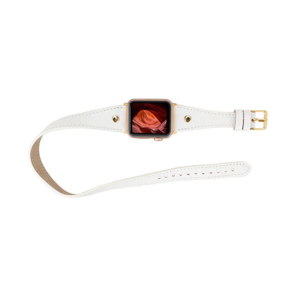 Apple Watch Uyumlu Deri Kordon, Çift Tur, Trok Detaylı, Beyaz