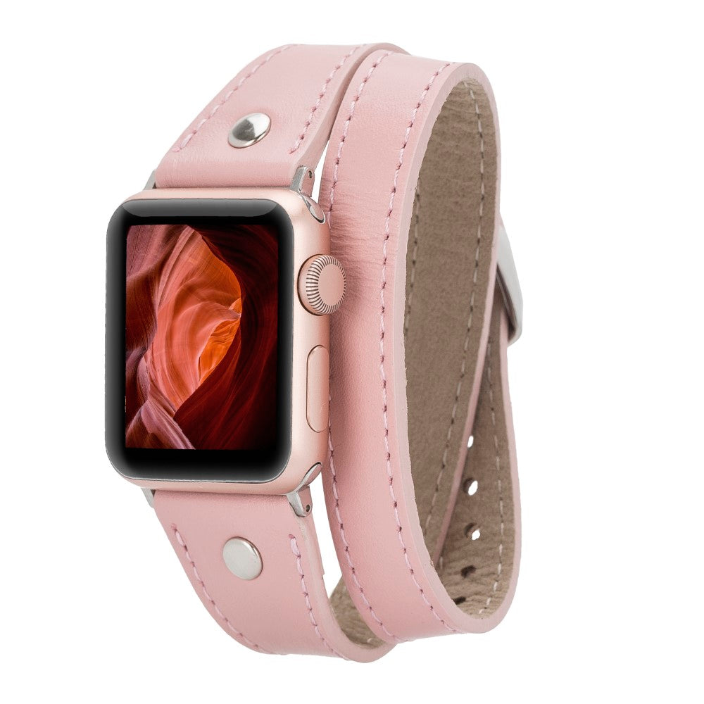 Apple Watch Uyumlu Deri Kordon, Çift Tur, Trok Detaylı, Şeker Pembe