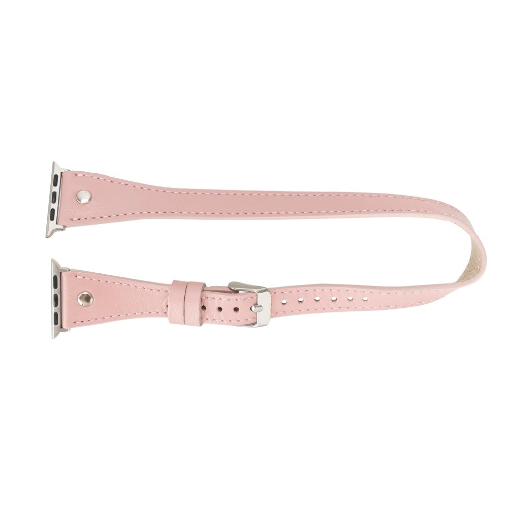 Apple Watch Uyumlu Deri Kordon, Çift Tur, Trok Detaylı, Şeker Pembe