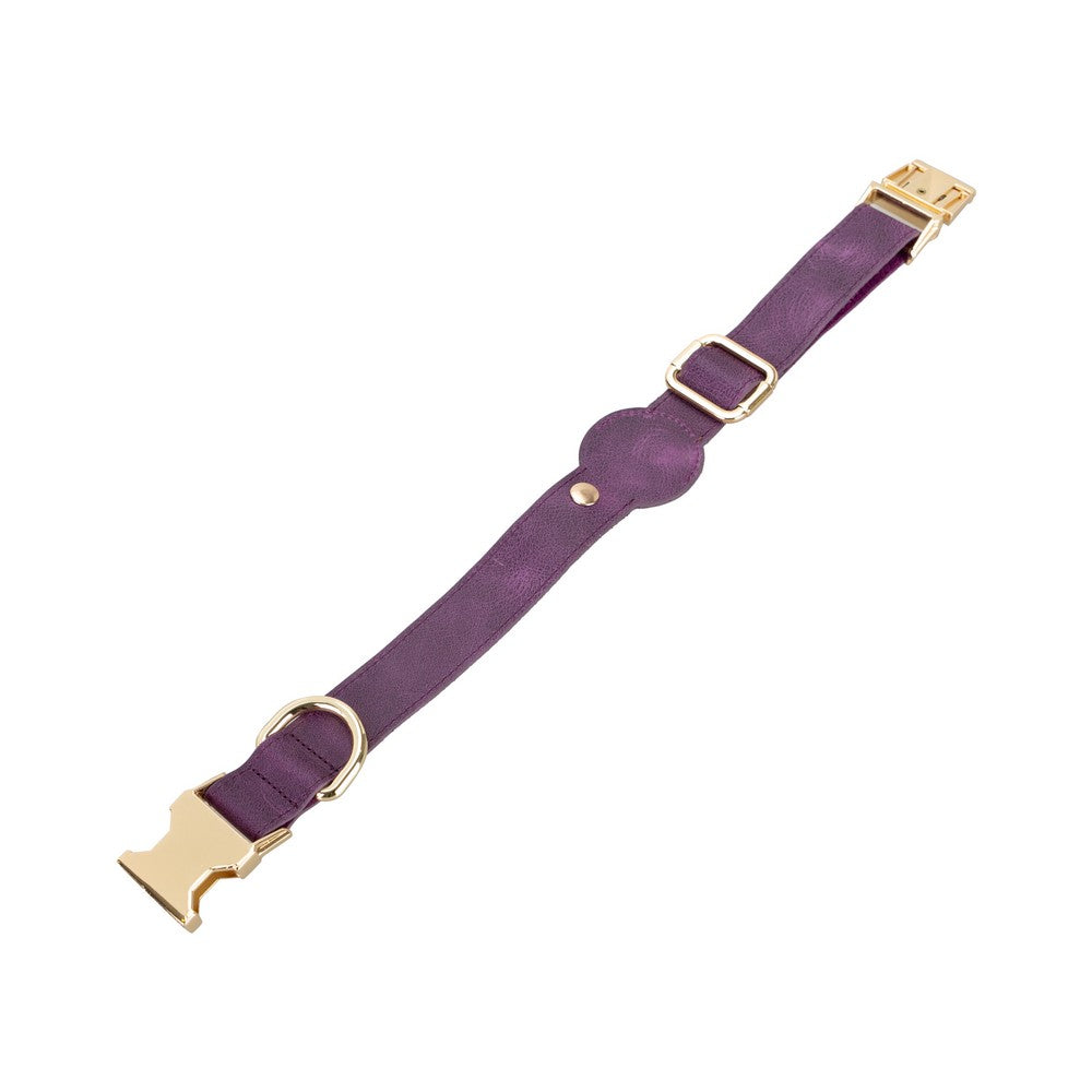 Gerçek Deriden El Yapımı Köpek Tasması, Apple AirTag Uyumlu Yuva, 50cm Ayarlanabilir Ölçü, Antik Mor