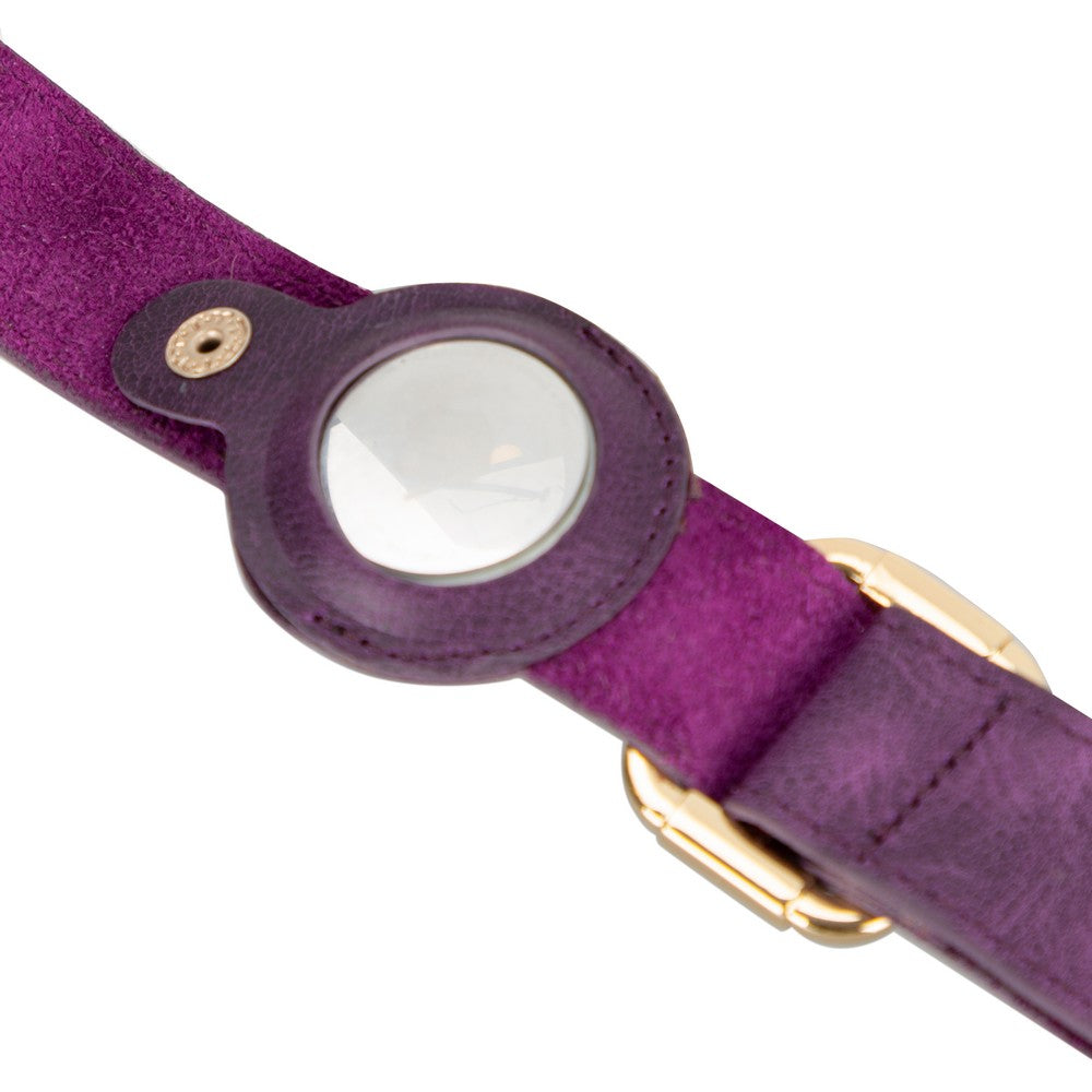 Gerçek Deriden El Yapımı Köpek Tasması, Apple AirTag Uyumlu Yuva, 50cm Ayarlanabilir Ölçü, Antik Mor