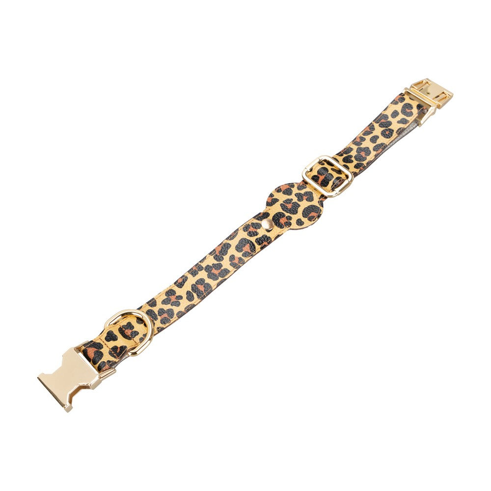 Gerçek Deriden El Yapımı Köpek Tasması, Apple AirTag Uyumlu Yuva, 50cm Ayarlanabilir Ölçü, Leopar Desen