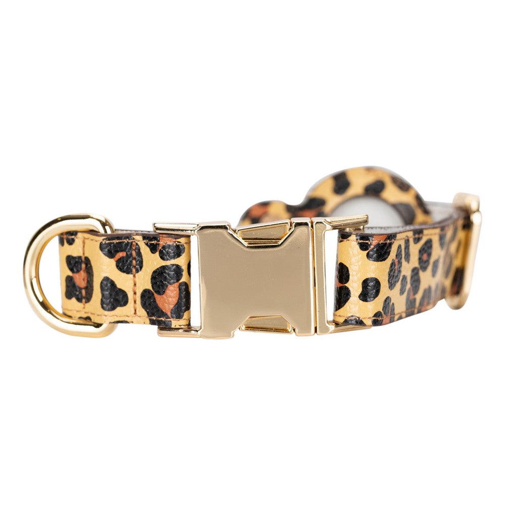 Gerçek Deriden El Yapımı Köpek Tasması, Apple AirTag Uyumlu Yuva, 50cm Ayarlanabilir Ölçü, Leopar Desen