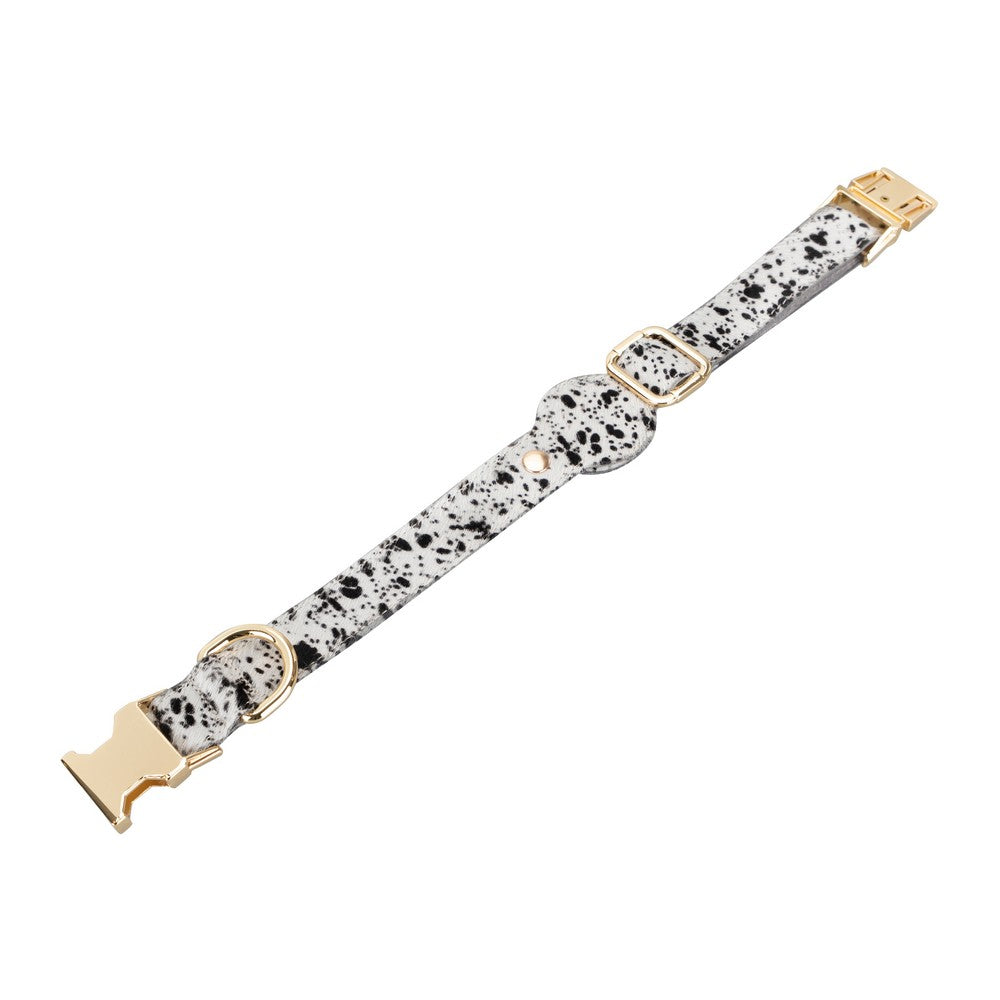 Gerçek Deriden El Yapımı Köpek Tasması, Apple AirTag Uyumlu Yuva, 50cm Ayarlanabilir Ölçü, Leopar Desen