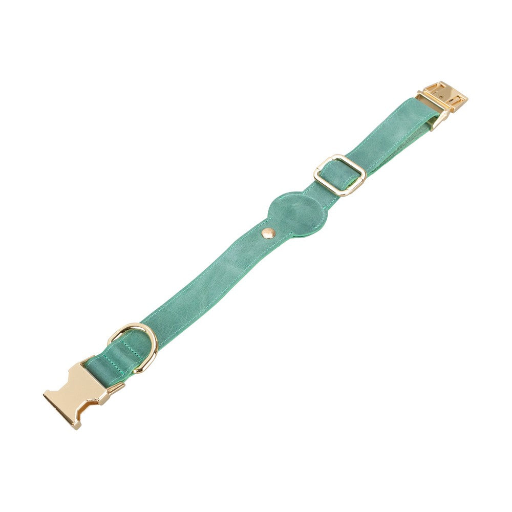 Gerçek Deriden El Yapımı Köpek Tasması, Apple AirTag Uyumlu Yuva, 50cm Ayarlanabilir Ölçü, Antik Yeşil