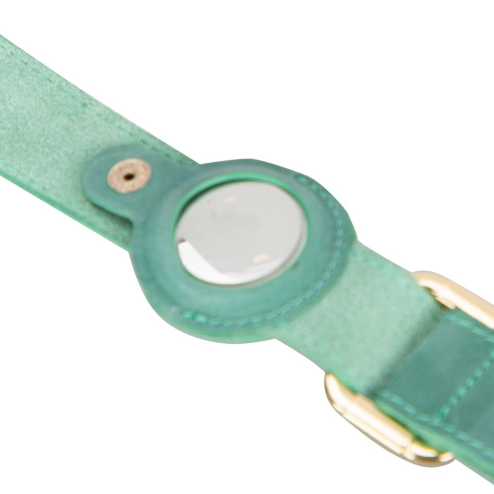 Gerçek Deriden El Yapımı Köpek Tasması, Apple AirTag Uyumlu Yuva, 50cm Ayarlanabilir Ölçü, Antik Yeşil