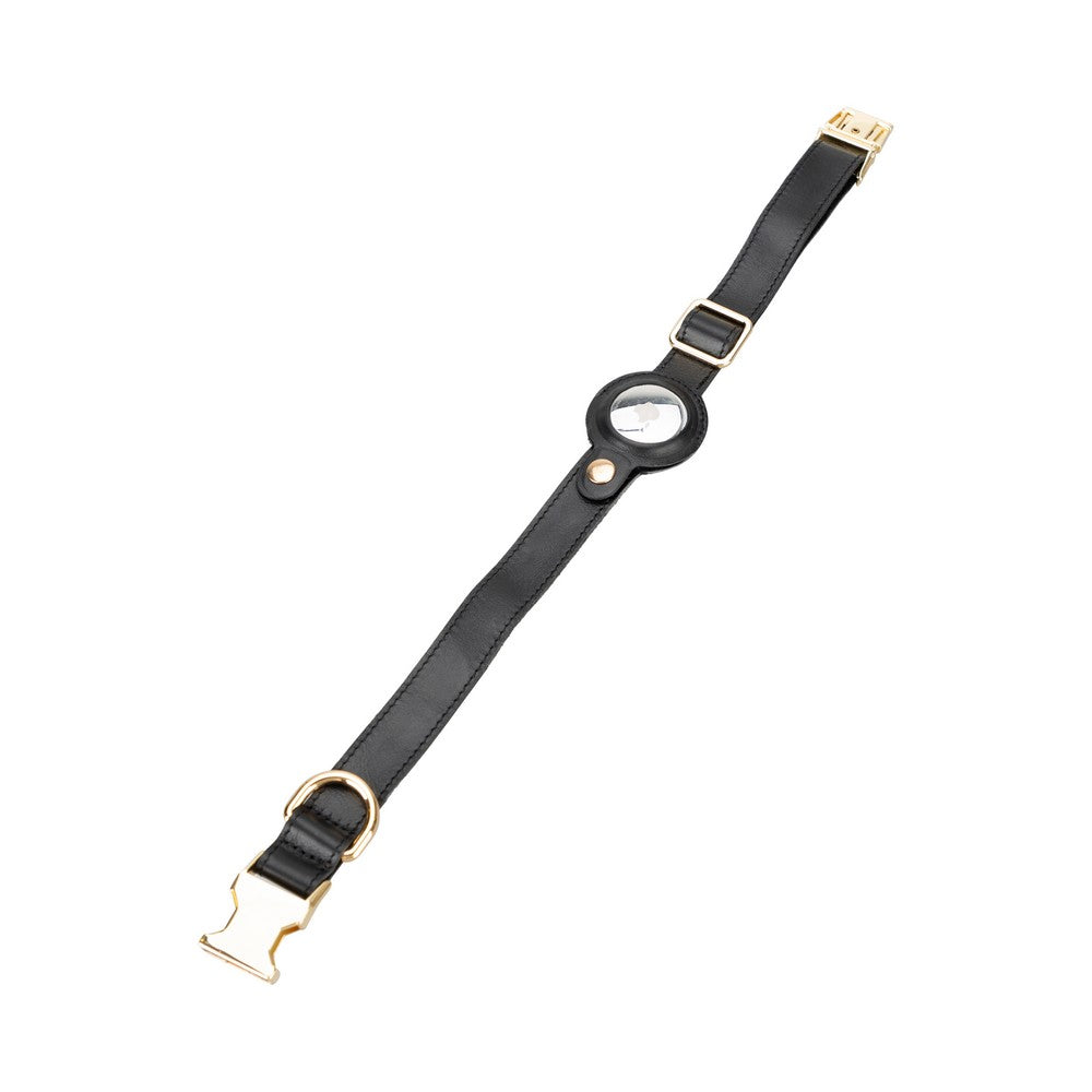 Gerçek Deriden El Yapımı Köpek Tasması, Apple AirTag Uyumlu Yuva, 50cm Ayarlanabilir Ölçü, Parlak Siyah