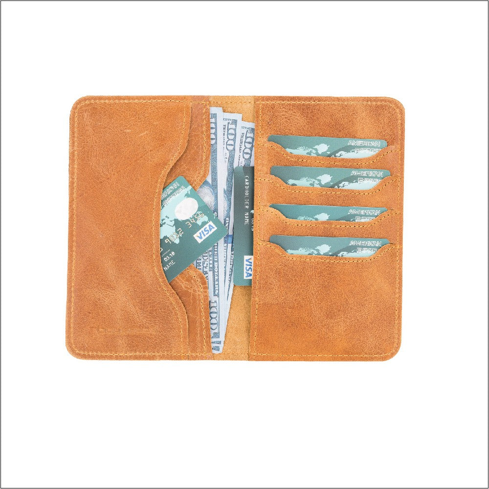 Deri Cüzdanlı Pasaport Kılıfı, 4 Adet Kart Bölmesi, Rustik Taba