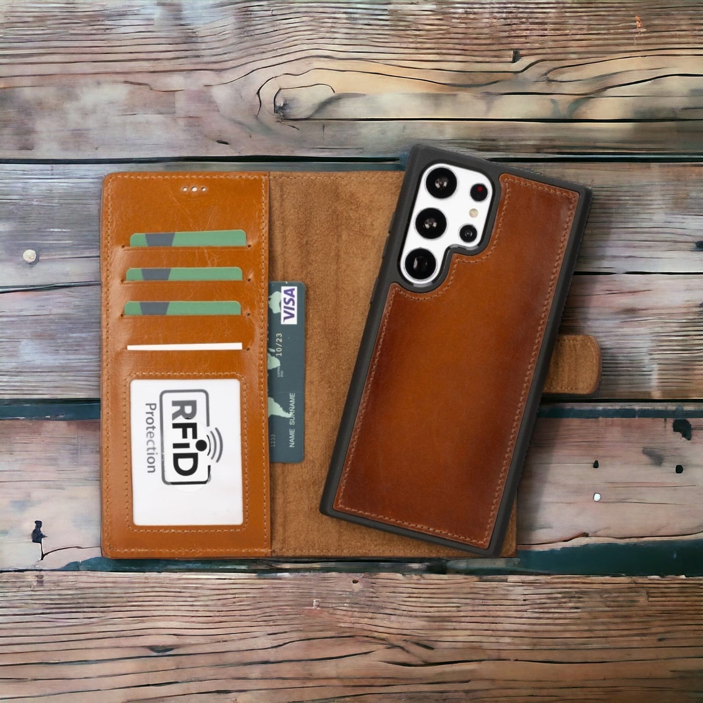 Samsung Galaxy S24 Ultra Uyumlu, Deri Cüzdanlı Kılıf, Rustik Kahverengi - Magic
