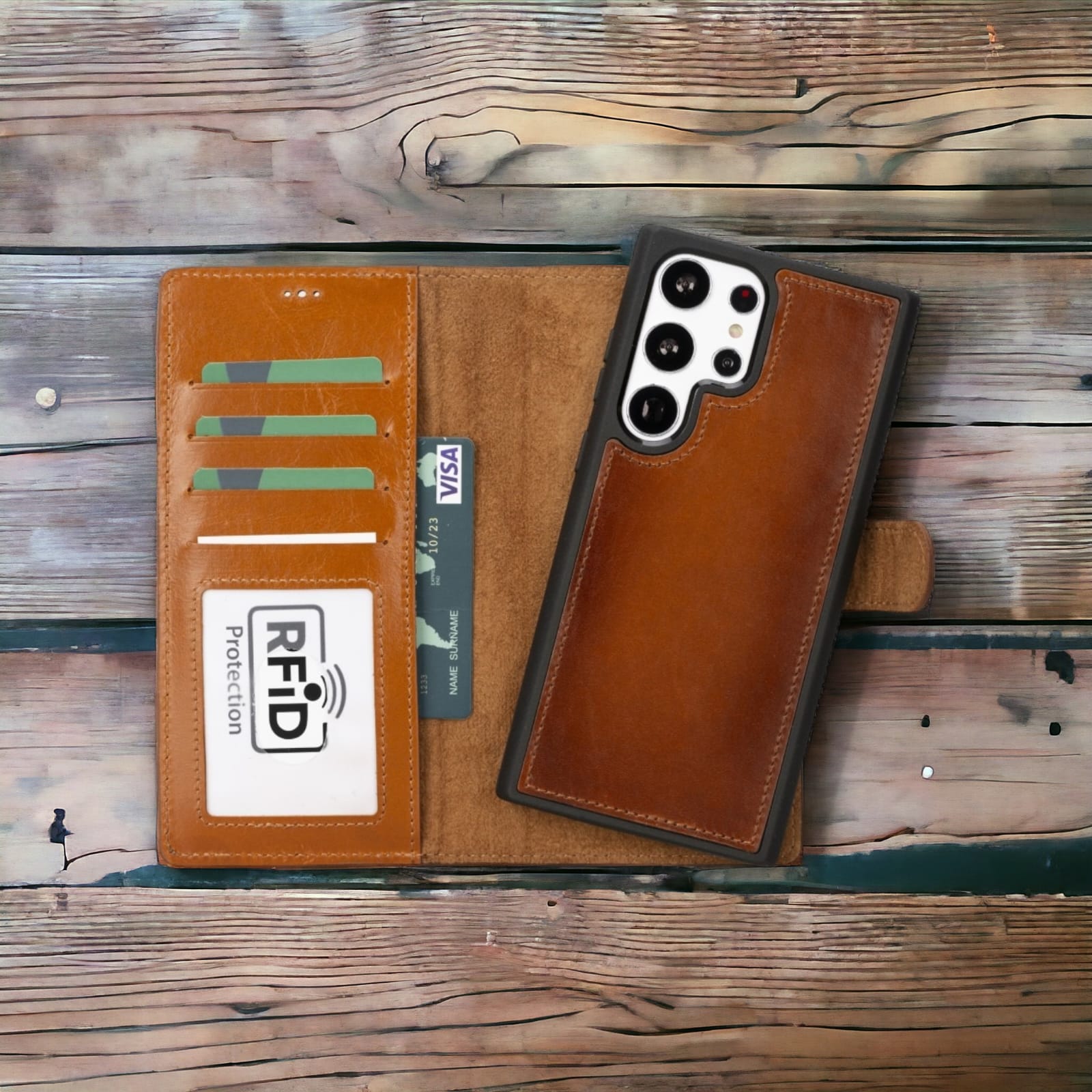 Samsung Galaxy S24 Ultra Uyumlu, Deri Cüzdanlı Kılıf, Rustik Kahverengi - Magic