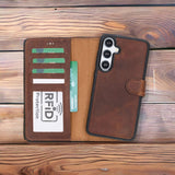 Samsung Galaxy S24 Uyumlu, Deri Cüzdanlı Kılıf, Antik Kahverengi - Magic