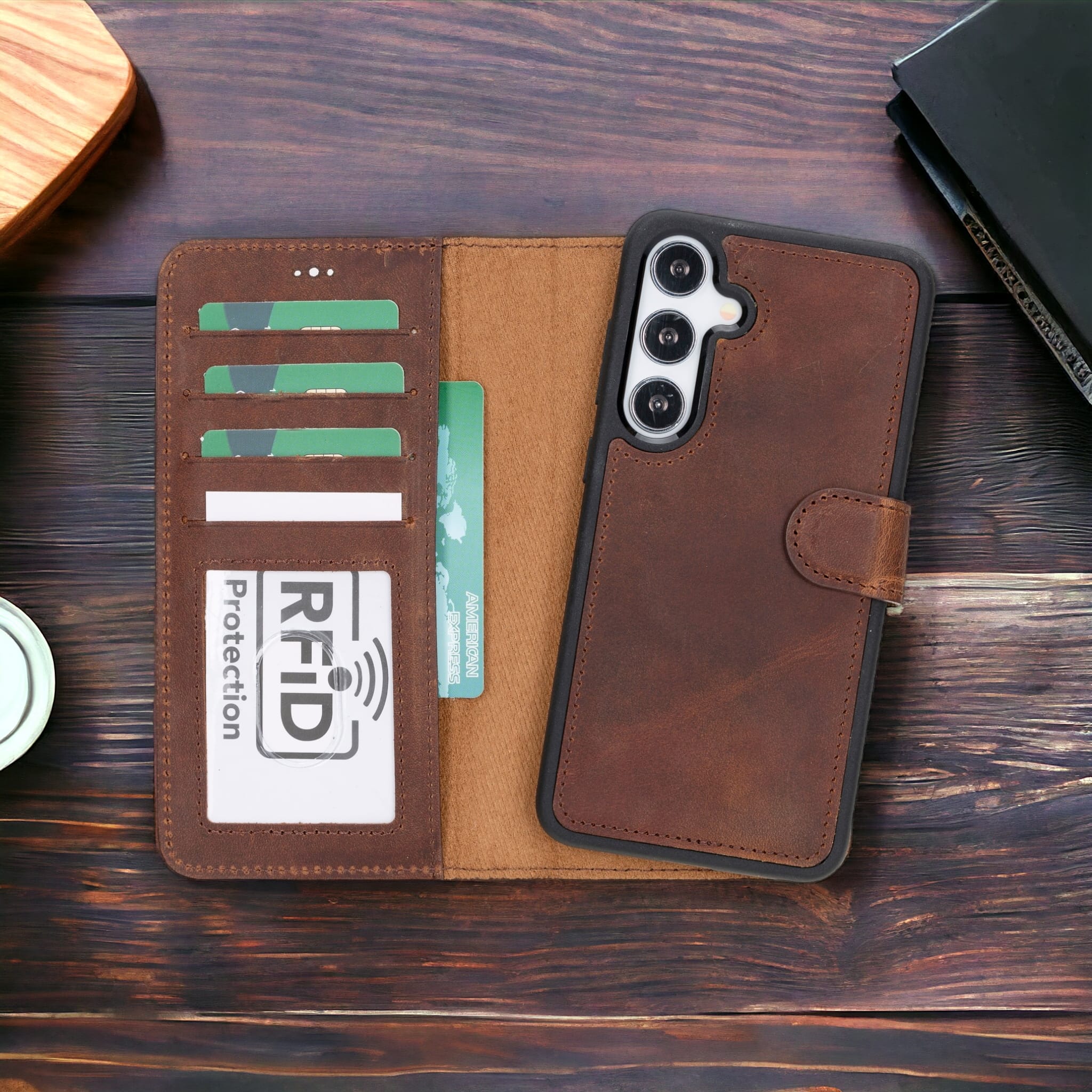 Samsung Galaxy S24 Plus Uyumlu, Deri Cüzdanlı Kılıf, Antik Kahverengi - Magic